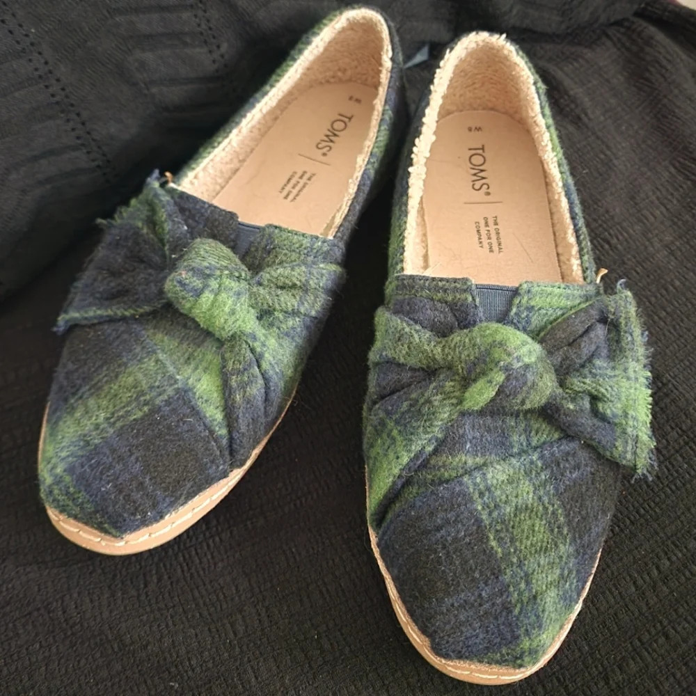Tom's Alpargata Leather Wrap Women's Green & Blue Plaid Slip-on Sz 8W